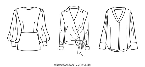 A collection of women's fashion clothes. Vector hand-drawn illustrations of beautiful blouses. Fashion sketches of women's fashion tops isolated on a white background.