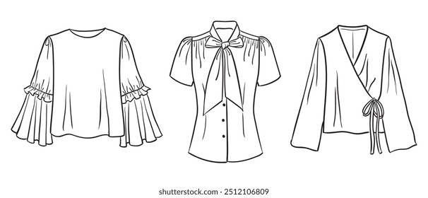 A collection of women's fashion clothes. Vector hand-drawn illustrations of beautiful blouses. Fashion sketches of women's fashion tops isolated on a white background.