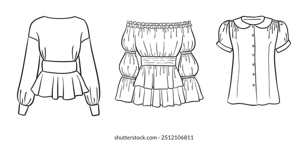 A collection of women's fashion clothes. Vector hand-drawn illustrations of beautiful blouses. Fashion sketches of women's fashion tops isolated on a white background.