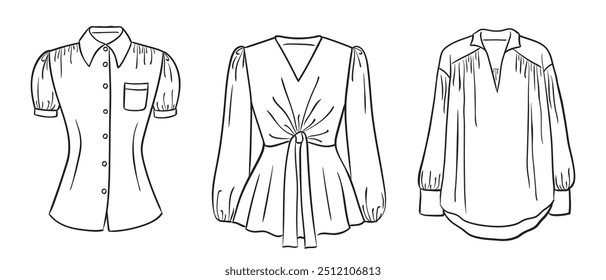 A collection of women's fashion clothes. Vector hand-drawn illustrations of beautiful blouses. Fashion sketches of women's fashion tops isolated on a white background.