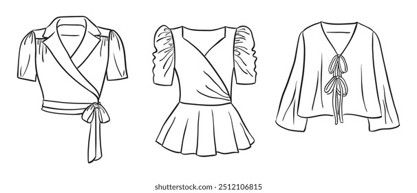 A collection of women's fashion clothes. Vector hand-drawn illustrations of beautiful blouses. Fashion sketches of women's fashion tops isolated on a white background.