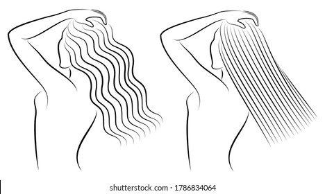 Collection. Women's hairstyle. Smooth long healthy hair and wavy hair. Vector illustration set.
