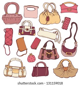 Collection women's handbags. Hand drawn vector isolated.