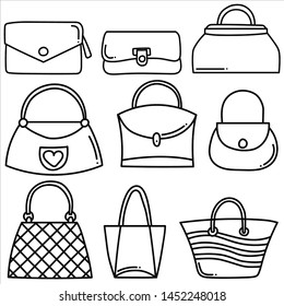 collection of women's handbags isolated on white. vector sketch 
illustration.