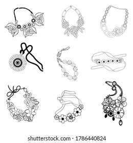Collection of women's jewelry. Black and white outline of a graphic drawing. Can be used for logo, web design, drawing, magnet, magazine, kids illustrations, emblems, stickers, badges.