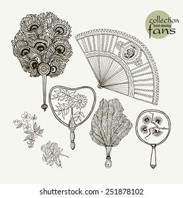 Collection womens old fans.  Vector illustration sketch on paper background