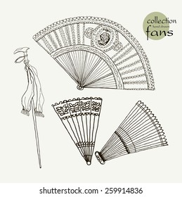 Collection womens old fans.  Vector illustration sketch on paper background