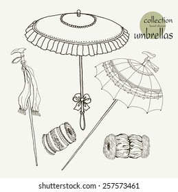 Collection womens old umbrellas.  Vector illustration sketch on paper background