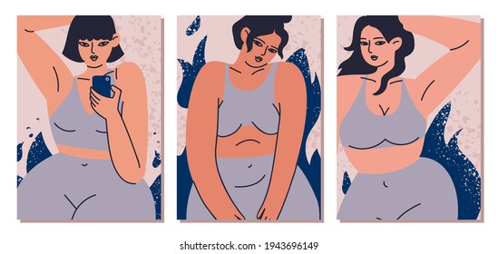 Colección de afiches para mujeres, postales de viaje en tracksuit grises. Una joven tímida con un teléfono en la mano. Establecer ilustraciones vectoriales de la belleza femenina y el cuerpo positivo en el estilo de dibujos animados. 