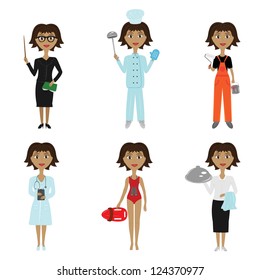 collection of women's professions on white background