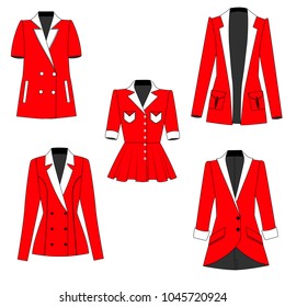Collection of women's red jackets with white collars and details, isolated and flat.