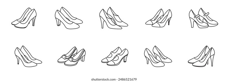 Collection of women's shoes in doodle style. Hand drawn vector art.