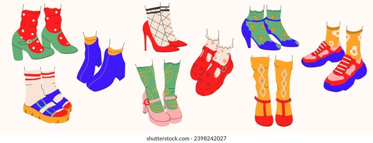Collection of womens shoes icons with and without heels.Shoes,slippers, sneakers in a trendy style. isolated.Vector