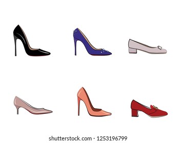 Collection Of Women's Shoes Isolated On White Background Fashion Illustration