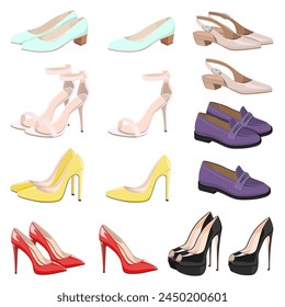 Collection of women's shoes, sandals, loafers, isolated on a white background. Vector set of women's shoes.