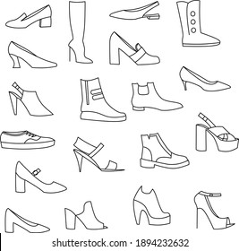 Collection of women's shoes. Various types of women's shoes. Black White Hand Drawn Illustration Contour Drawing Female Shoes Shoes Icons