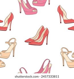 Collection of women's shoes, vector seamless pattern background