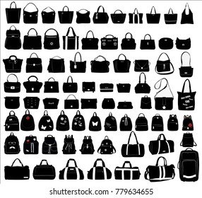 Collection Of Women's Shopping Bags, Backpacks And Travel Bags Over White Background