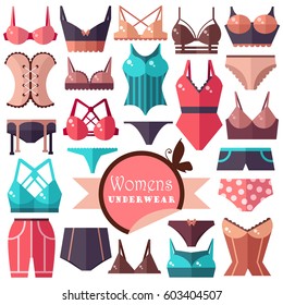 Collection of women's underwear. Flat vector illustration