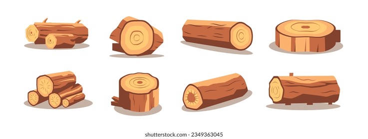 Collection of wood logs for lumber industry, flat vector illustration