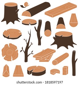 Collection of wood logs, parts, elements. Vector icon set. 