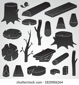 Collection of wood logs, parts, elements. Vector icon set. 