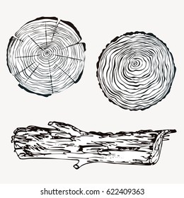 Collection with wood textures. Tree growth rings and old log hand drawn set. Design elements doodle style. Vector illustration.