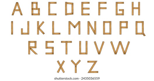 Collection Wooden Alphabet design isolated white background. Letters Set with Grunge wood texture. Font template. Vector illustration can used web social media design. EPS 10 Editable stroke.