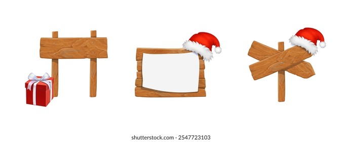 Collection of wooden banners empty Christmas signs. Winter holiday xmas billboard with Santa red hat symbol, Sartoon banner set