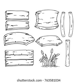 collection of wooden billboard elements with hand drawn style