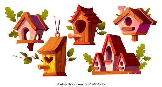 Collection of wooden birdhouses of diverse architectural designs with roofs and holes, perches and leaf decorations. Cozy nesting boxes decorated with tree branches for garden and spring setting.