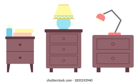 Collection of wooden chest of drawers with lamps, decorative elements. Isolated stylish furniture for home, design elements for room. Storage space, electric light object. Furniture for clothes