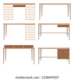 Collection of wooden computer desk, working table, pc desk vector in flat design style
