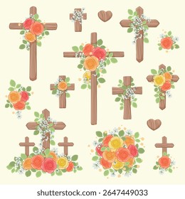 Uma coleção de cruzes de madeira decoradas com flores em estilo aquarela em tons de laranja, amarelo e vermelho. para religiosos, Páscoa, memorial, cartões de saudação e materiais da igreja