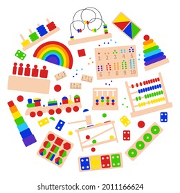 Collection of wooden Educational logic toys for Montessori games. Montessori toys for preschool kids. Vector illustrations on white background.