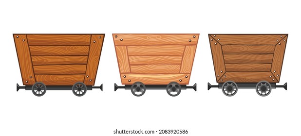 Colección de carros de minas vacíos de madera. Caricatura en los carriles de la mina. Ilustración de diseño de vectores aislada en fondo blanco