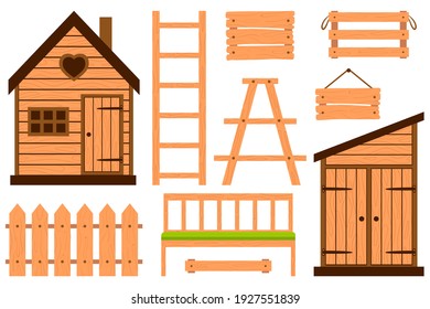 Collection of wooden garden accessories. Fence, boxes, ladder, shed, bench.Gardening, garden furniture.Design elements in a cartoon flat style. Color vector illustrations Isolated on white background