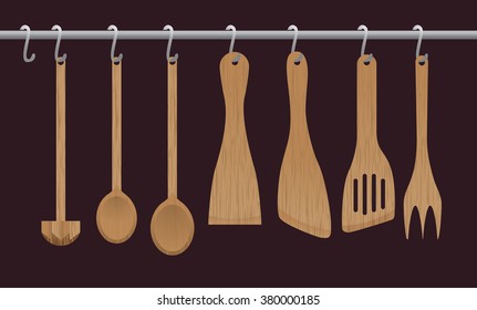 A collection of wooden kitchen utensils hanging on the chromed bar. Illustration