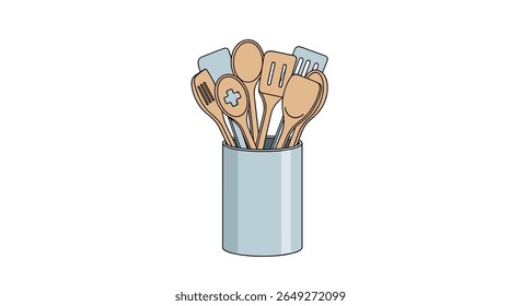 A collection of wooden kitchen utensils neatly arranged in a simple silver cylindrical holder on a white background