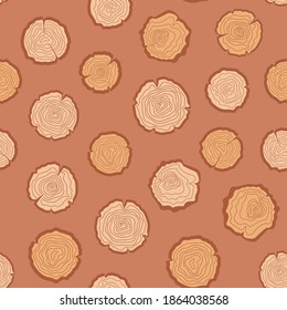 Collection of wooden logs. Seamless vector pattern with natural timber rings. Illustration in brown and beige colors for ecology, environment design with tree slices. Background with wood stumps.