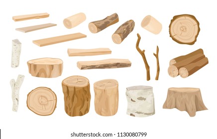 Collection of wooden logs, tree branches, lumbers, timber sawn into rough planks isolated on white background. Set of lumber and industrial wood. Colorful vector illustration in realistic style