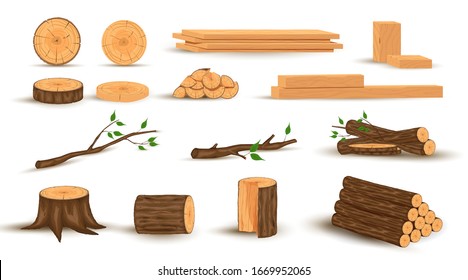 Collection of wooden logs, tree branches, lumbers, timber sawn into rough planks isolated on white background. Set of lumber and industrial wood. Colorful vector illustration in realistic style
