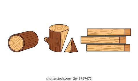 Collection of wooden materials including log stump slices and lumber planks for crafting and construction purposes