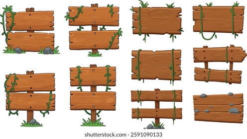 A collection of wooden signboards with green vines, featuring different shapes and orientations, perfect for nature-themed projects and designs.