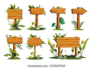 Collection of wooden signboards wrapped with vines and surrounded by tropical leaves. Vector cartoon illustration