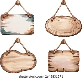 Collection of wooden signs hanging from ropes isolated on white background	