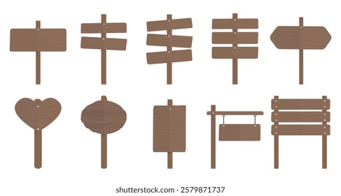 Collection of wooden signs in various shapes. Wooden signs include arrows, rectangles, and hearts. Perfect for rustic or outdoor themes with wooden signs. Isolated illustration elements, vector set.