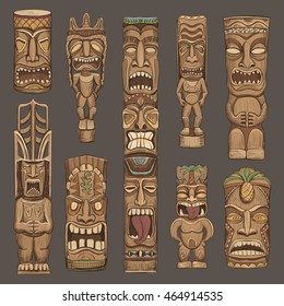 Collection of wooden tiki idols . Beautiful color illustration