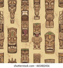 Collection of wooden tiki idols. 
Seamless pattern