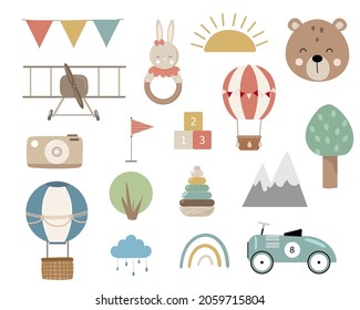 Collection of wooden toys for baby. Set of cartoon style of airplane, sun, cubes, pyramid, garland, balloon, camera, typewriter, rainbow and others for card, poster, cover, invitation, sticker